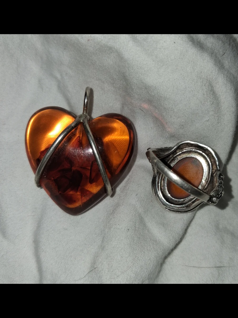 Vintage Sterling Silver Set. Amber Puff Heart Pendant With Oval Amber Ring 7.5